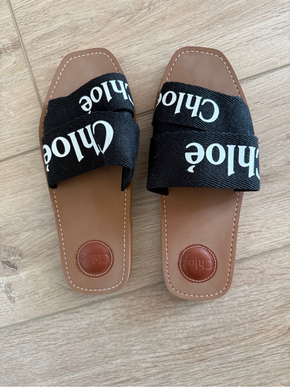 Chloe Black Logo Slide Sandals with Tan Footbed